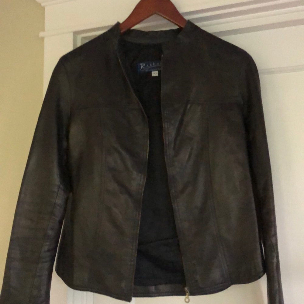 Black leather jacket, banded collar; vintage